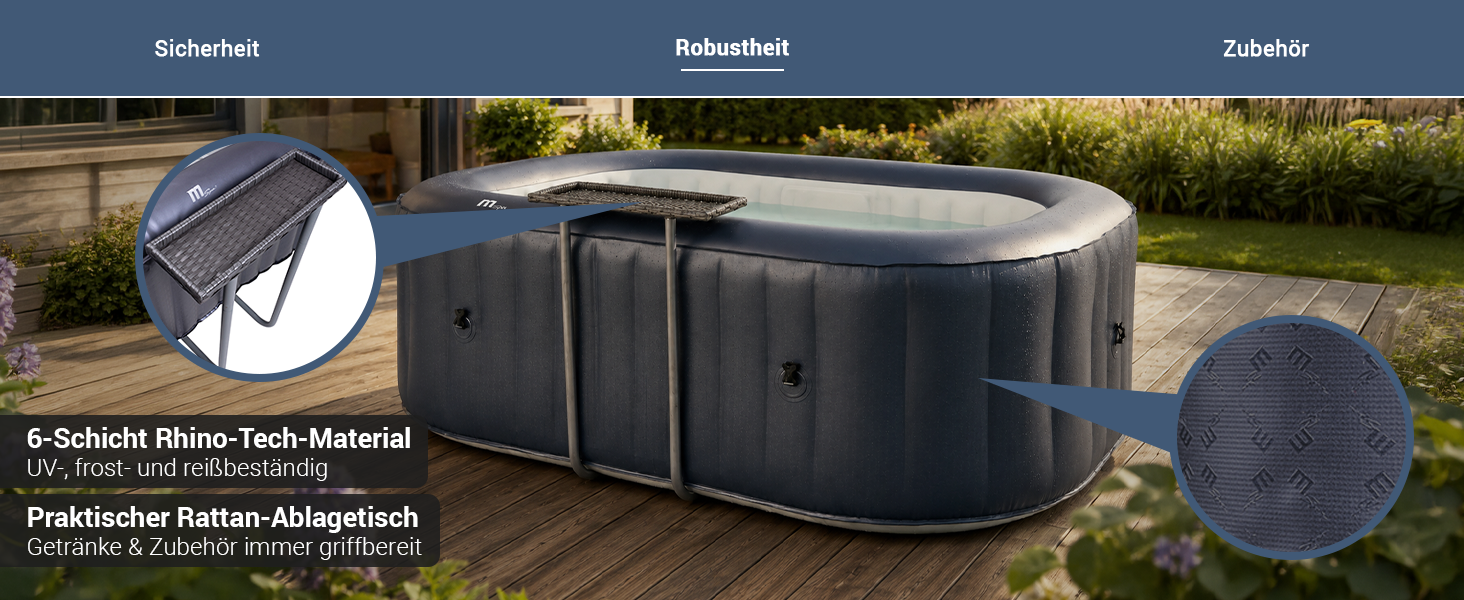 Aufblasbarer Whirlpool auf einer Terrasse mit stabilem Au&szlig;enmaterial und praktischem Rattan-Ablagetisch. Das 6-Schicht-Rhino-Tech-Material ist UV-, frost- und rei&szlig;best&auml;ndig, w&auml;hrend der Ablagetisch Getr&auml;nke und Zubeh&ouml;r griffbereit h&auml;lt.